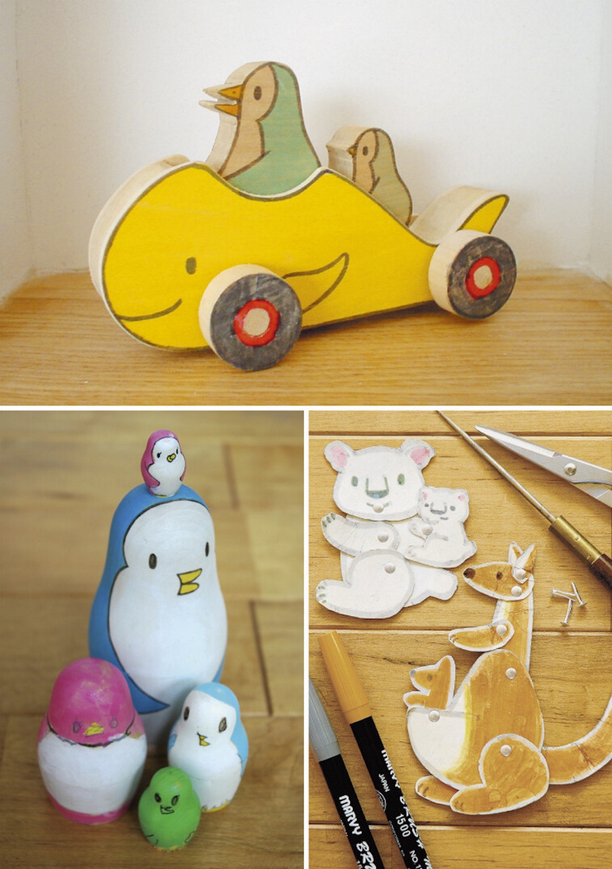 いわいさんちの手作りおもちゃ（2003～2004年頃） 会場では、いわいさんが娘さんのために制作された、ユニークなアイディアが盛り込まれた手作りおもちゃたちも見ることができます。